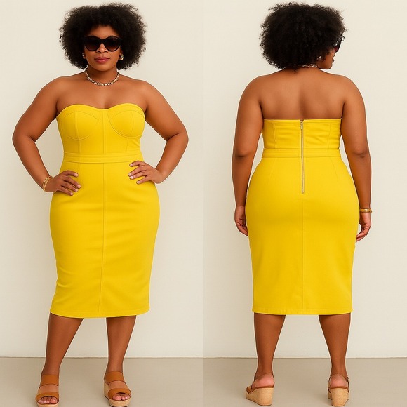 SHEIN Dresses & Skirts - Yellow Denim Strapless Corset Midi Dress Sz. L | Y2K Stretch Denim Revival‎